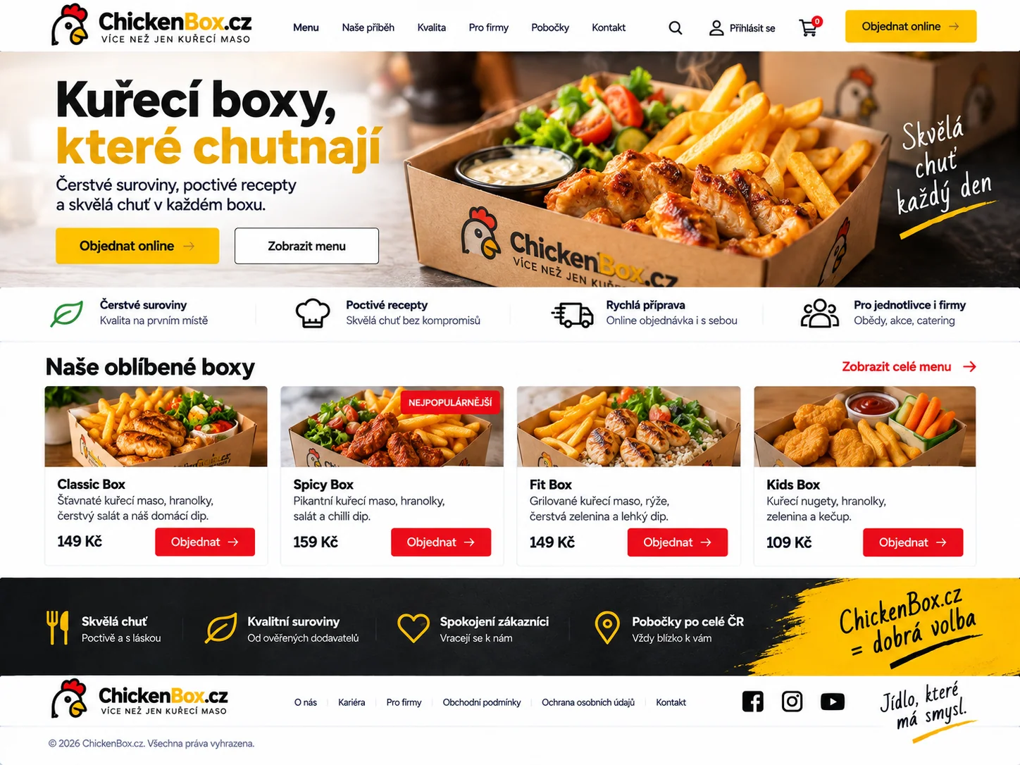 Ilustrační návrh webu ChickenBox.cz s kuřecím menu servírovaným v praktickém boxu